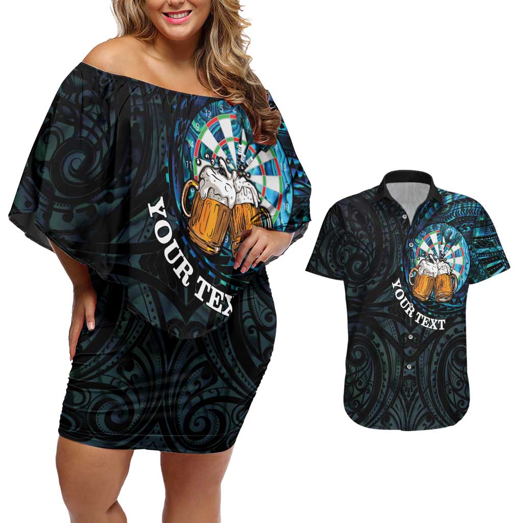 Personalized New Zealand Darts Beer Couples Matching Off Shoulder Short Dress and Hawaiian Shirt Paua Shell Aotearoa Maori Tattoo - Polynesian Pride