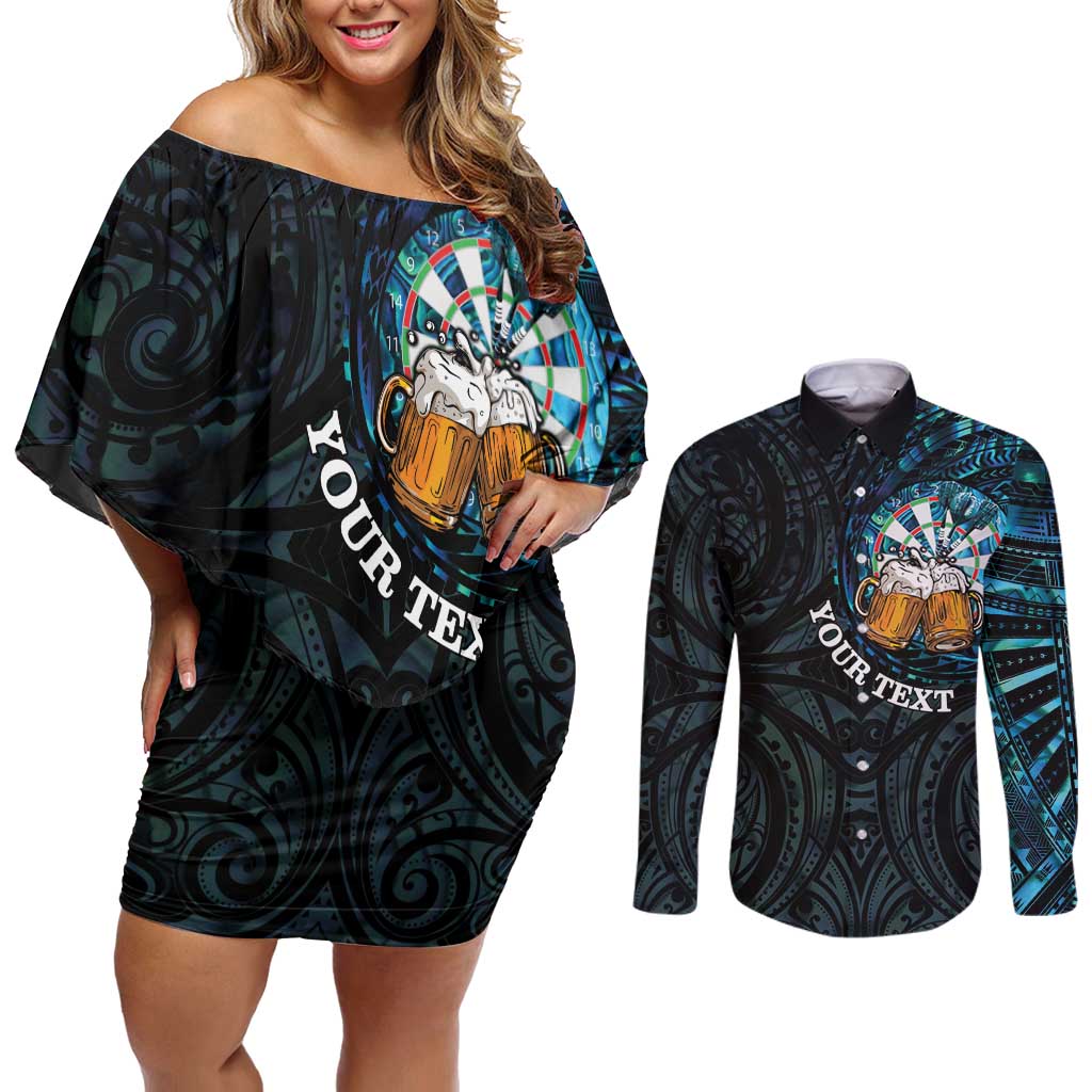 Personalized New Zealand Darts Beer Couples Matching Off Shoulder Short Dress and Long Sleeve Button Shirt Paua Shell Aotearoa Maori Tattoo - Polynesian Pride