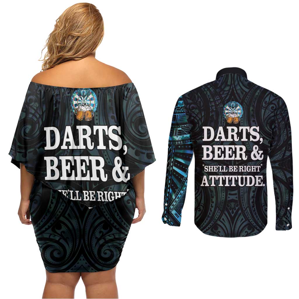 Personalized New Zealand Darts Beer Couples Matching Off Shoulder Short Dress and Long Sleeve Button Shirt Paua Shell Aotearoa Maori Tattoo - Polynesian Pride