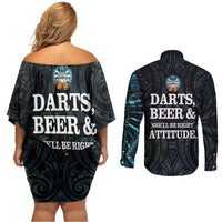 Personalized New Zealand Darts Beer Couples Matching Off Shoulder Short Dress and Long Sleeve Button Shirt Paua Shell Aotearoa Maori Tattoo - Polynesian Pride