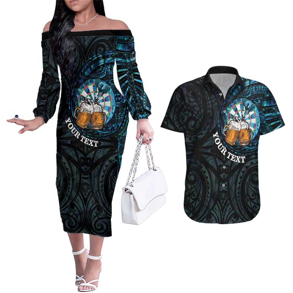 Personalized New Zealand Darts Beer Couples Matching Off The Shoulder Long Sleeve Dress and Hawaiian Shirt Paua Shell Aotearoa Maori Tattoo - Polynesian Pride