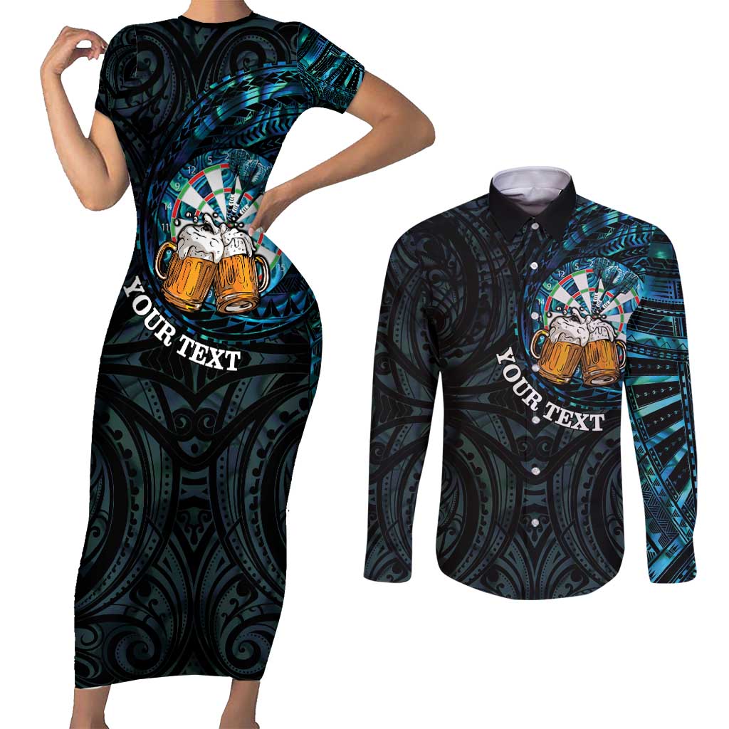 Personalized New Zealand Darts Beer Couples Matching Short Sleeve Bodycon Dress and Long Sleeve Button Shirt Paua Shell Aotearoa Maori Tattoo - Polynesian Pride