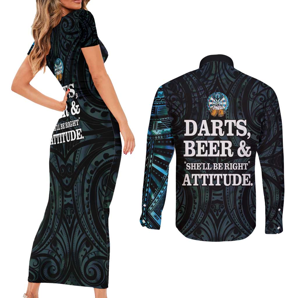 Personalized New Zealand Darts Beer Couples Matching Short Sleeve Bodycon Dress and Long Sleeve Button Shirt Paua Shell Aotearoa Maori Tattoo - Polynesian Pride