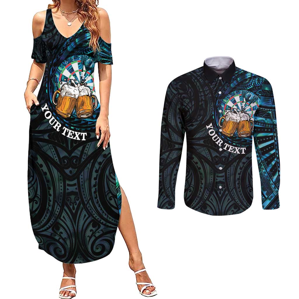 Personalized New Zealand Darts Beer Couples Matching Summer Maxi Dress and Long Sleeve Button Shirt Paua Shell Aotearoa Maori Tattoo - Polynesian Pride