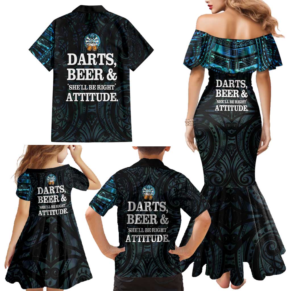 Personalized New Zealand Darts Beer Family Matching Mermaid Dress and Hawaiian Shirt Paua Shell Aotearoa Maori Tattoo - Polynesian Pride