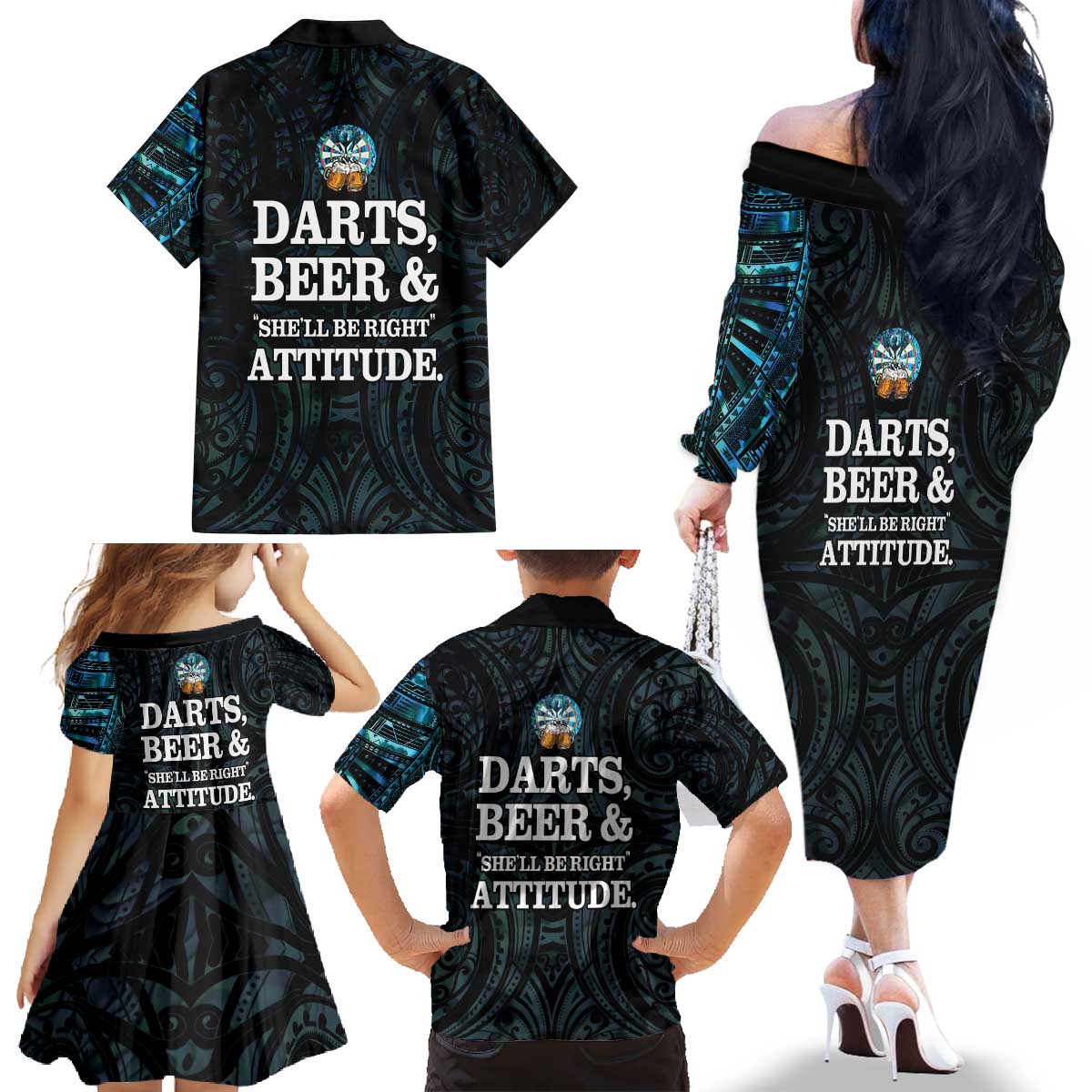 Personalized New Zealand Darts Beer Family Matching Off The Shoulder Long Sleeve Dress and Hawaiian Shirt Paua Shell Aotearoa Maori Tattoo - Polynesian Pride