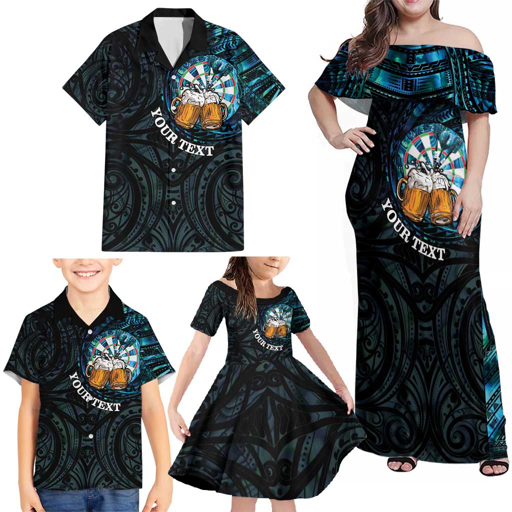 Personalized New Zealand Darts Beer Family Matching Off Shoulder Maxi Dress and Hawaiian Shirt Paua Shell Aotearoa Maori Tattoo - Polynesian Pride
