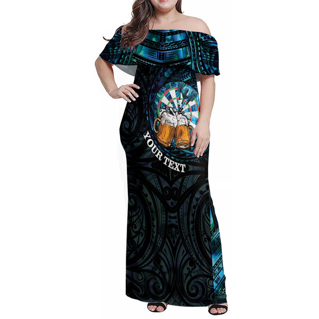 Personalized New Zealand Darts Beer Family Matching Off Shoulder Maxi Dress and Hawaiian Shirt Paua Shell Aotearoa Maori Tattoo - Polynesian Pride