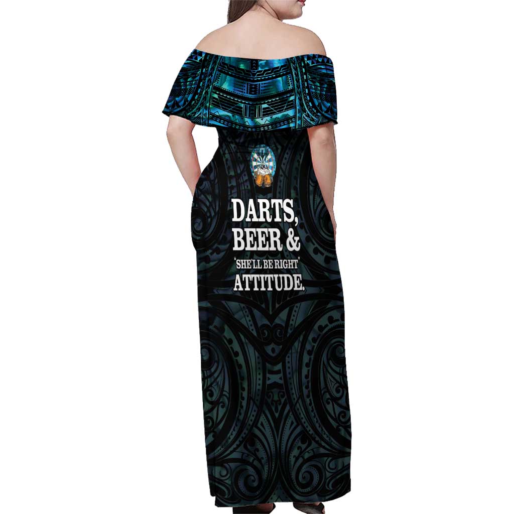 Personalized New Zealand Darts Beer Family Matching Off Shoulder Maxi Dress and Hawaiian Shirt Paua Shell Aotearoa Maori Tattoo - Polynesian Pride