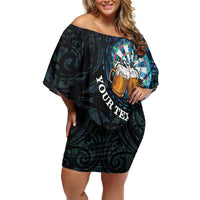 Personalized New Zealand Darts Beer Family Matching Off Shoulder Short Dress and Hawaiian Shirt Paua Shell Aotearoa Maori Tattoo - Polynesian Pride