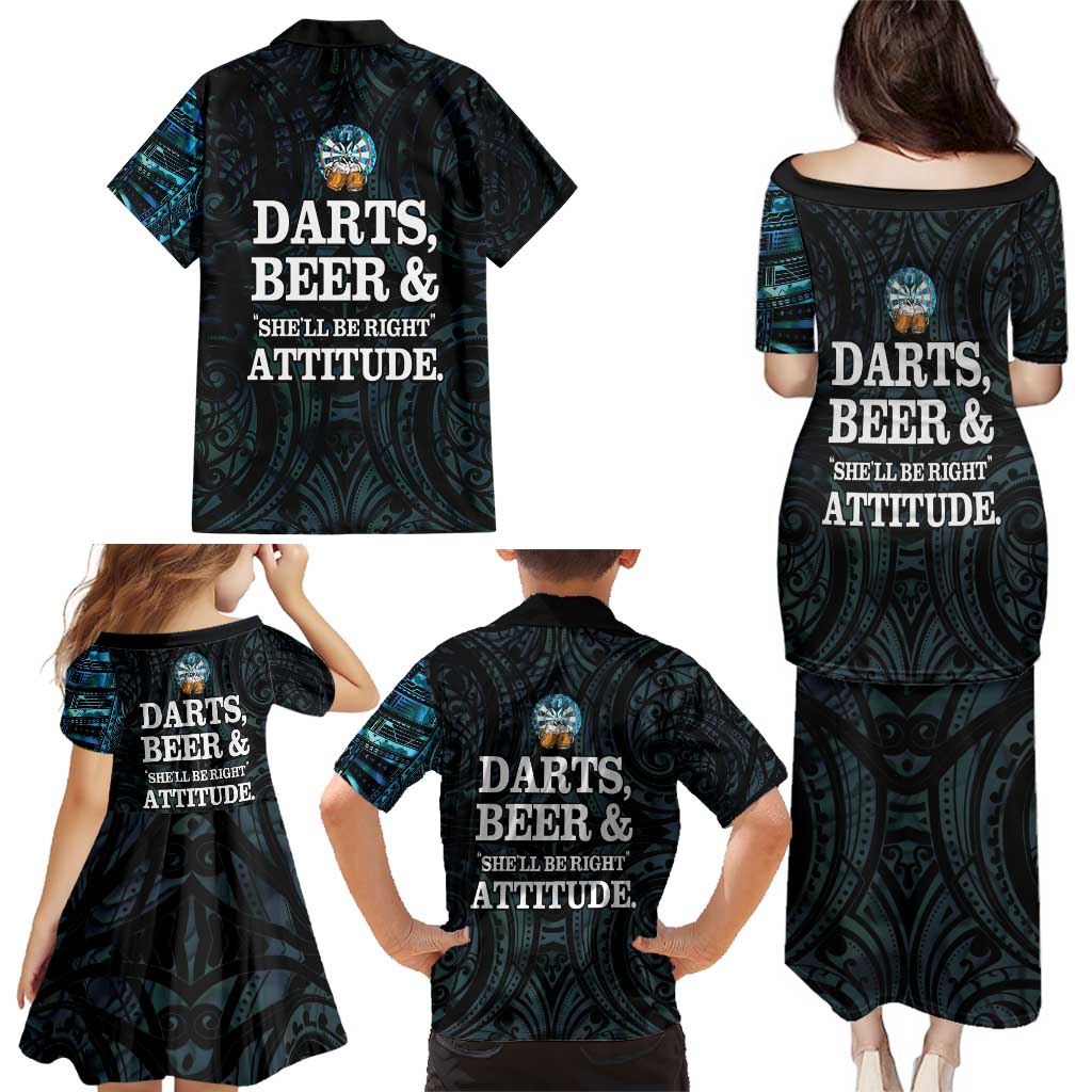 Personalized New Zealand Darts Beer Family Matching Puletasi and Hawaiian Shirt Paua Shell Aotearoa Maori Tattoo - Polynesian Pride