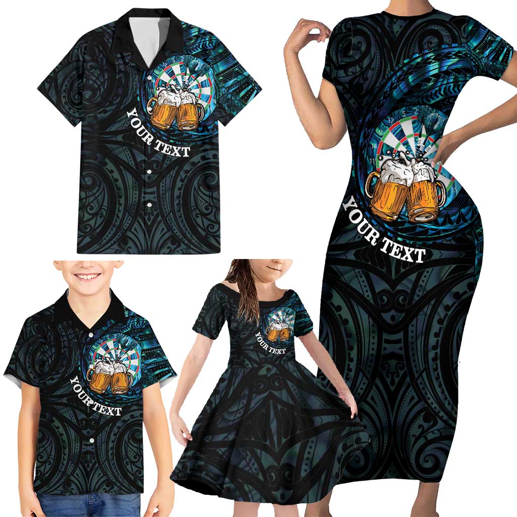 Personalized New Zealand Darts Beer Family Matching Short Sleeve Bodycon Dress and Hawaiian Shirt Paua Shell Aotearoa Maori Tattoo - Polynesian Pride