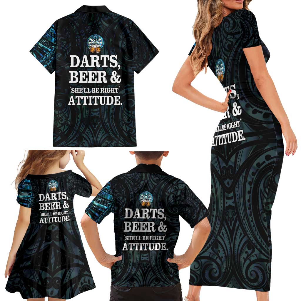 Personalized New Zealand Darts Beer Family Matching Short Sleeve Bodycon Dress and Hawaiian Shirt Paua Shell Aotearoa Maori Tattoo - Polynesian Pride