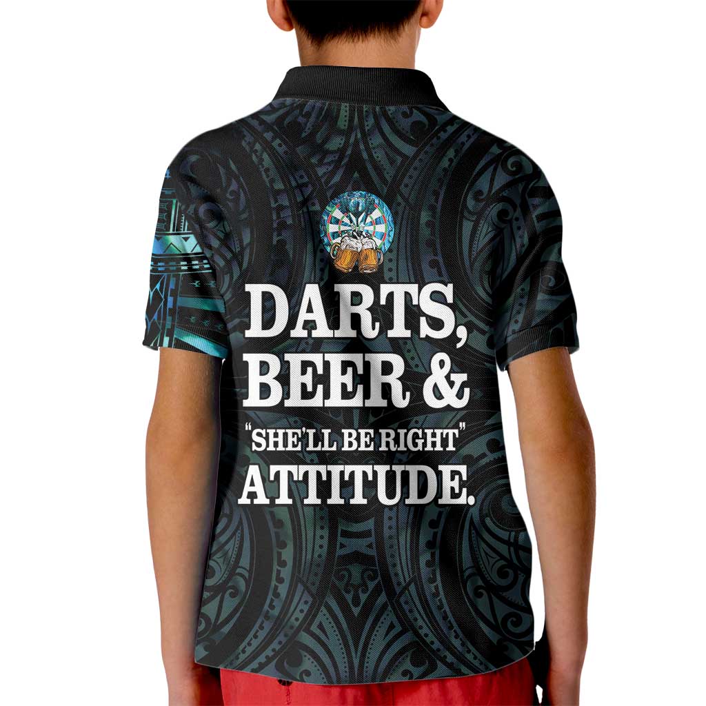 Personalized New Zealand Darts Beer Kid Polo Shirt Paua Shell Aotearoa Maori Tattoo - Polynesian Pride