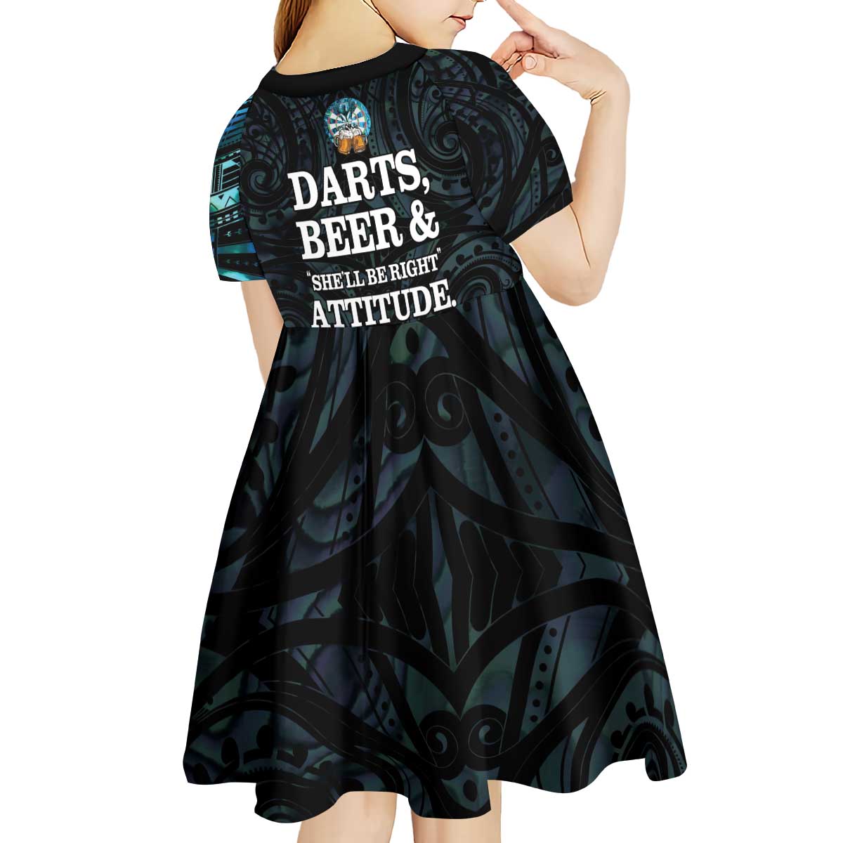 Personalized New Zealand Darts Beer Kid Short Sleeve Dress Paua Shell Aotearoa Maori Tattoo - Polynesian Pride