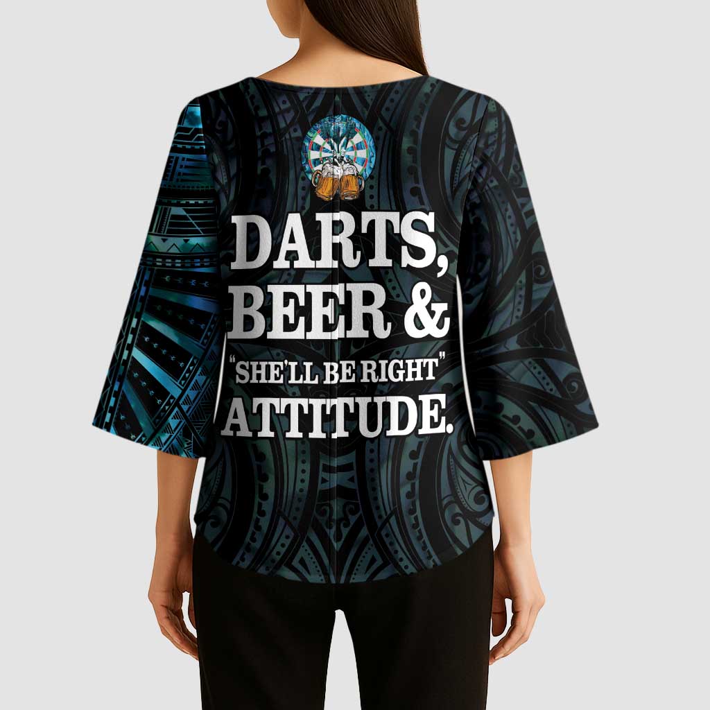 Personalized New Zealand Darts Beer Kimono Sleeve Blouse Paua Shell Aotearoa Maori Tattoo - Polynesian Pride