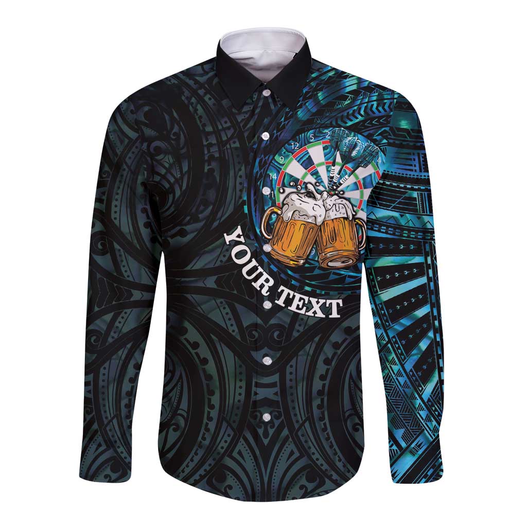 Personalized New Zealand Darts Beer Long Sleeve Button Shirt Paua Shell Aotearoa Maori Tattoo - Polynesian Pride