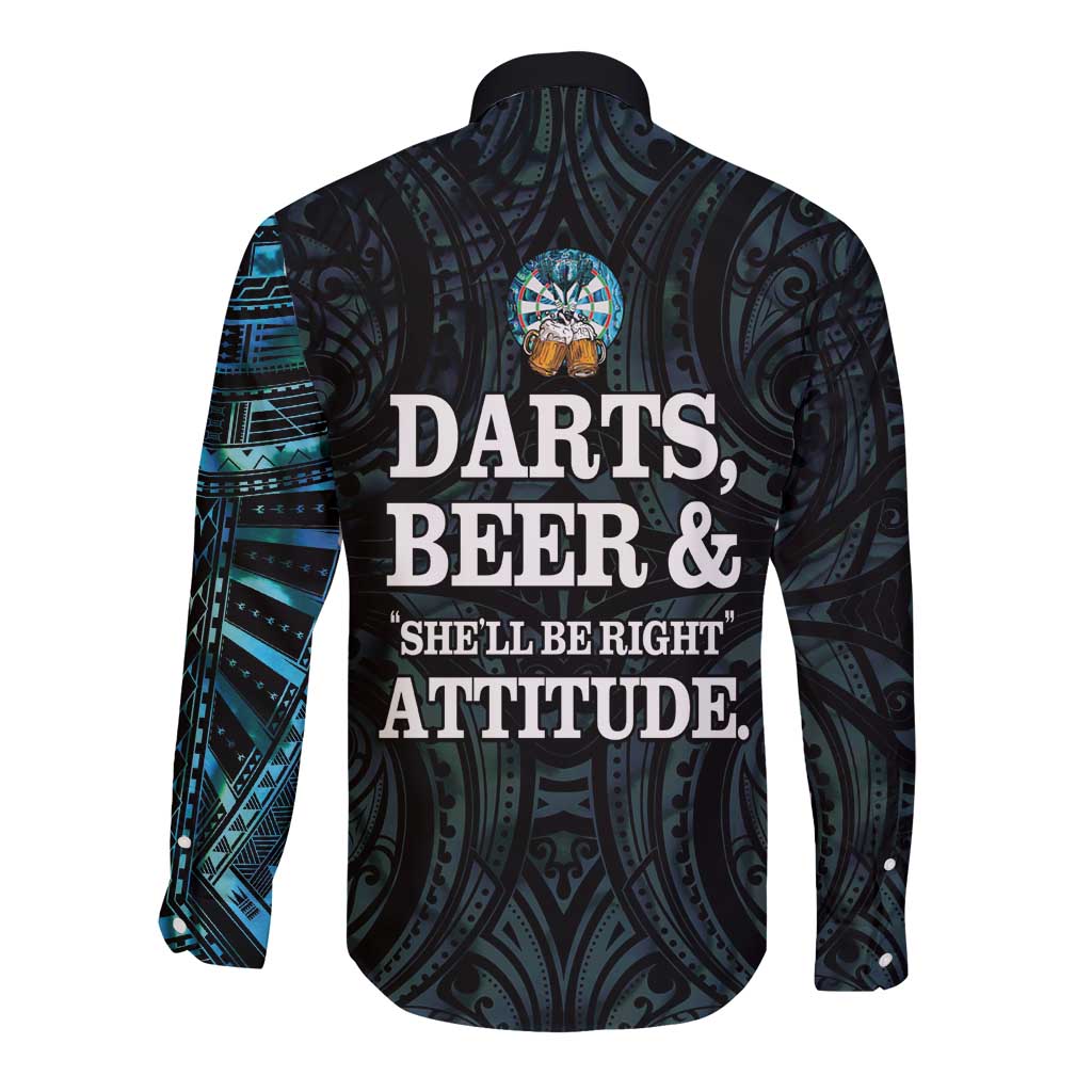 Personalized New Zealand Darts Beer Long Sleeve Button Shirt Paua Shell Aotearoa Maori Tattoo - Polynesian Pride