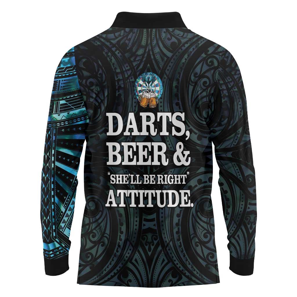 Personalized New Zealand Darts Beer Long Sleeve Polo Shirt Paua Shell Aotearoa Maori Tattoo - Polynesian Pride