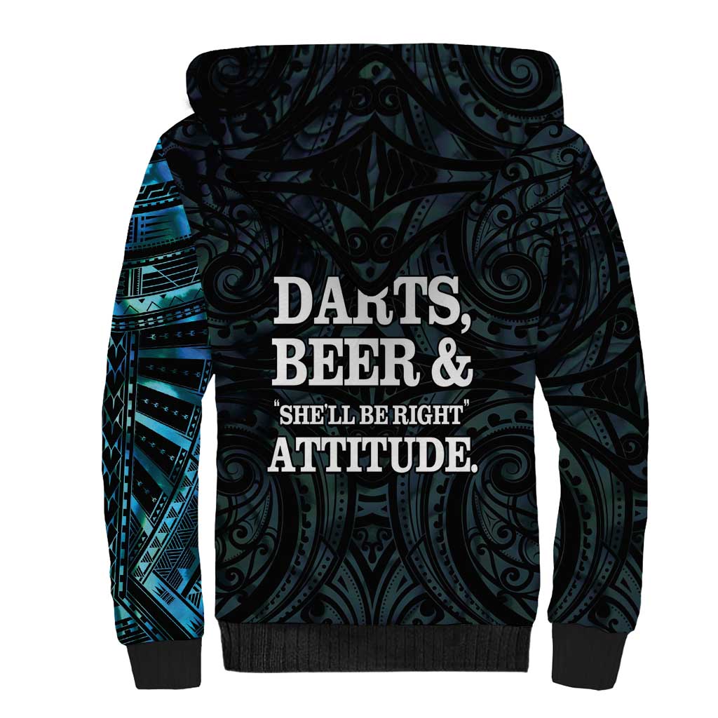 Personalized New Zealand Darts Beer Sherpa Hoodie Paua Shell Aotearoa Maori Tattoo - Polynesian Pride