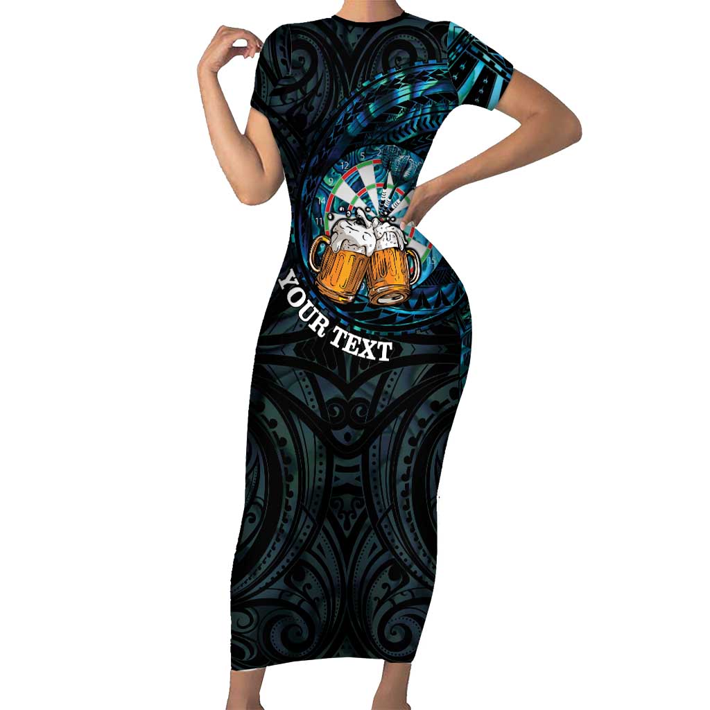 Personalized New Zealand Darts Beer Short Sleeve Bodycon Dress Paua Shell Aotearoa Maori Tattoo - Polynesian Pride