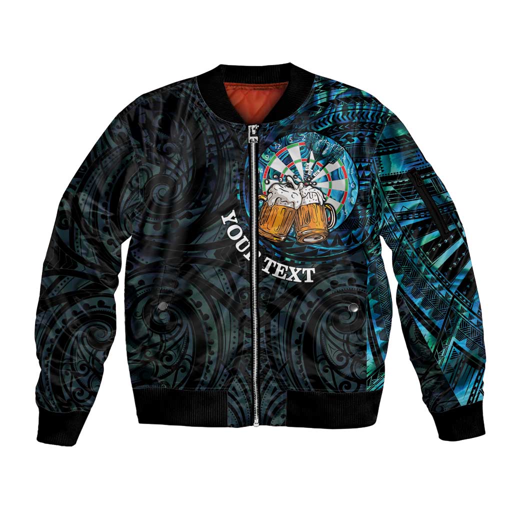 Personalized New Zealand Darts Beer Sleeve Zip Bomber Jacket Paua Shell Aotearoa Maori Tattoo - Polynesian Pride