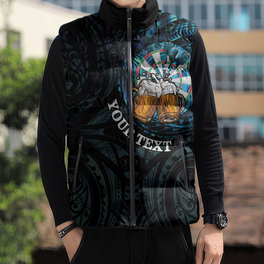 Personalized New Zealand Darts Beer Sleeveless Puffer Jacket Paua Shell Aotearoa Maori Tattoo - Polynesian Pride