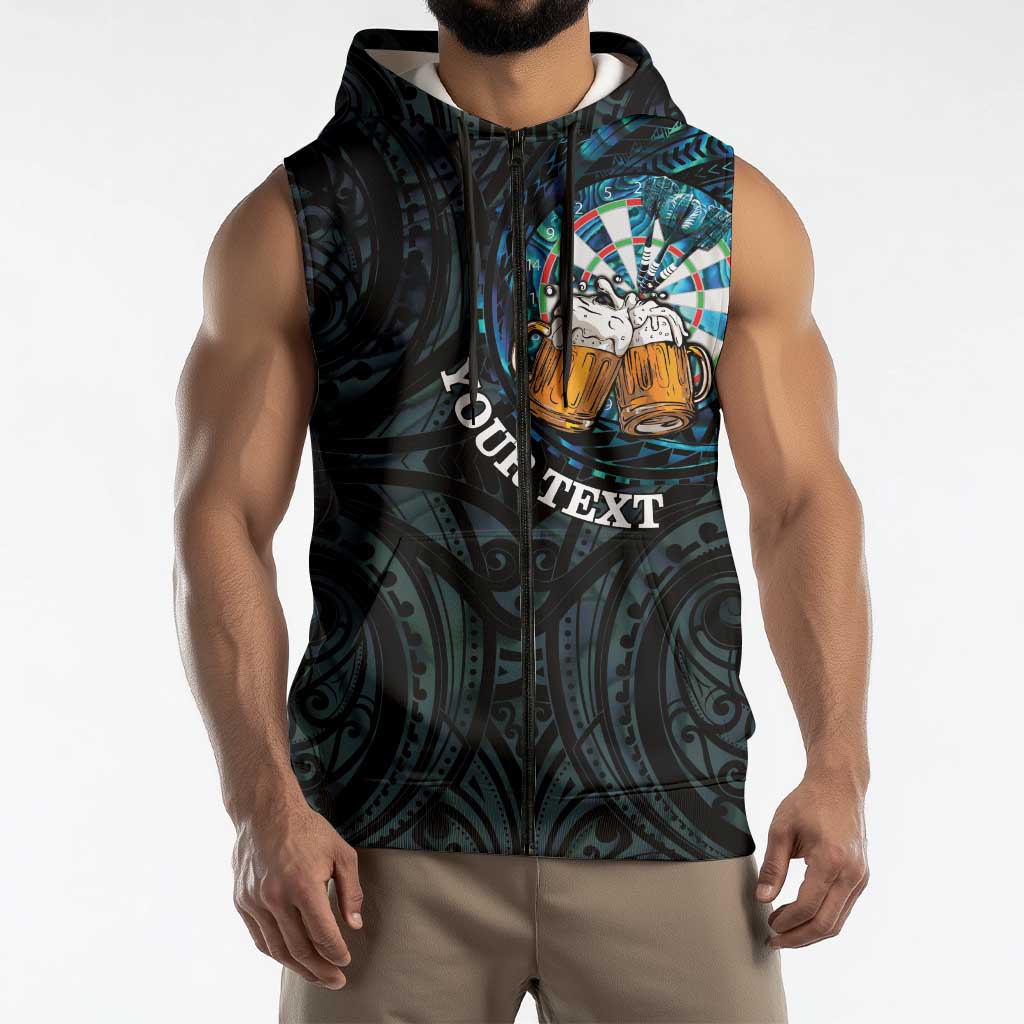 Personalized New Zealand Darts Beer Sleeveless Zip Hoodie Paua Shell Aotearoa Maori Tattoo - Polynesian Pride