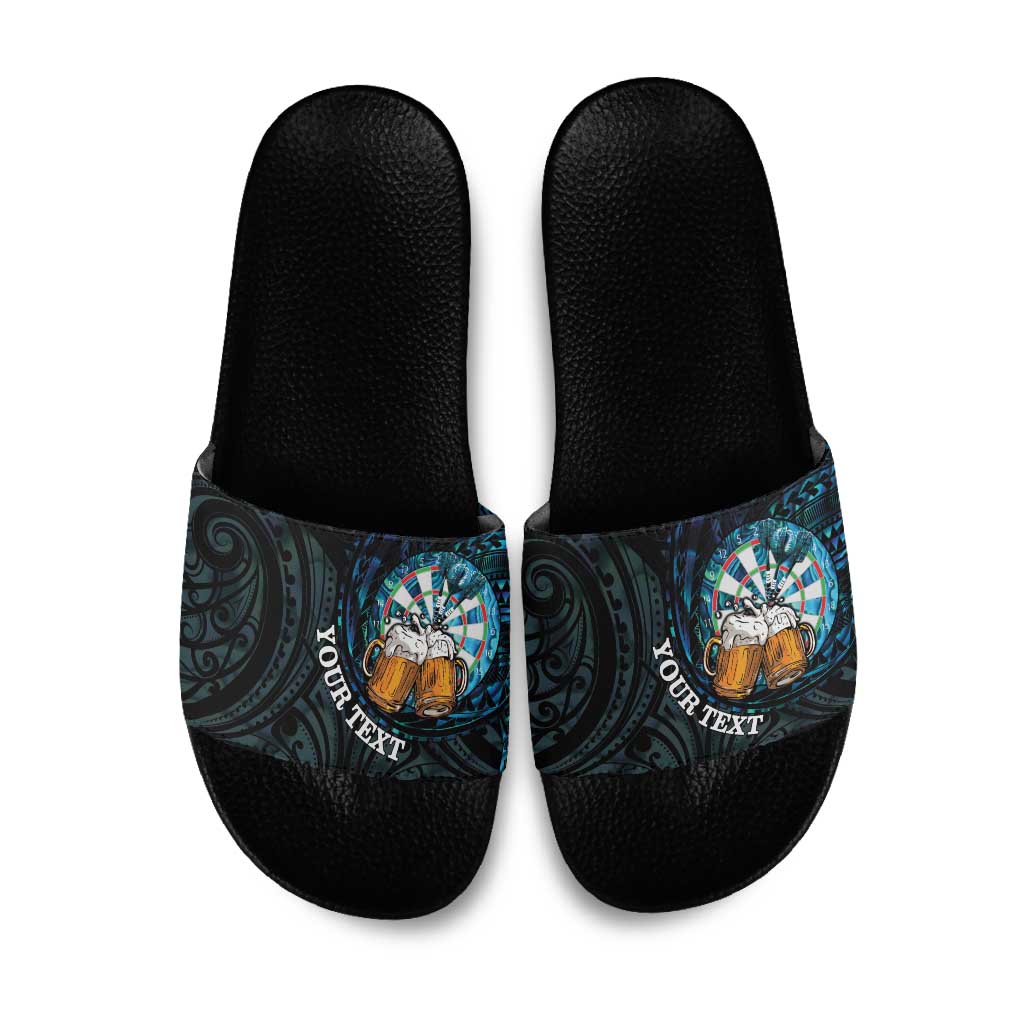 Personalized New Zealand Darts Beer Slide Sandals Paua Shell Aotearoa Maori Tattoo - Polynesian Pride