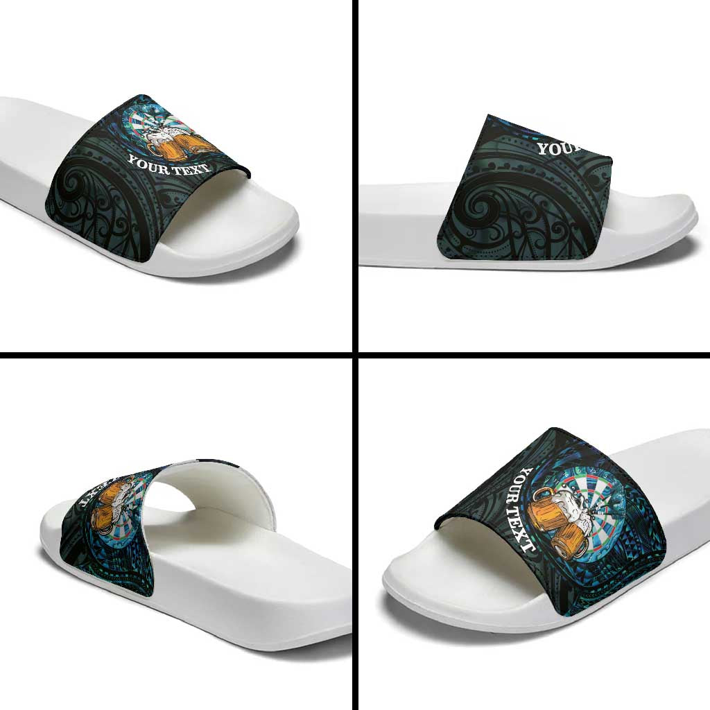 Personalized New Zealand Darts Beer Slide Sandals Paua Shell Aotearoa Maori Tattoo - Polynesian Pride