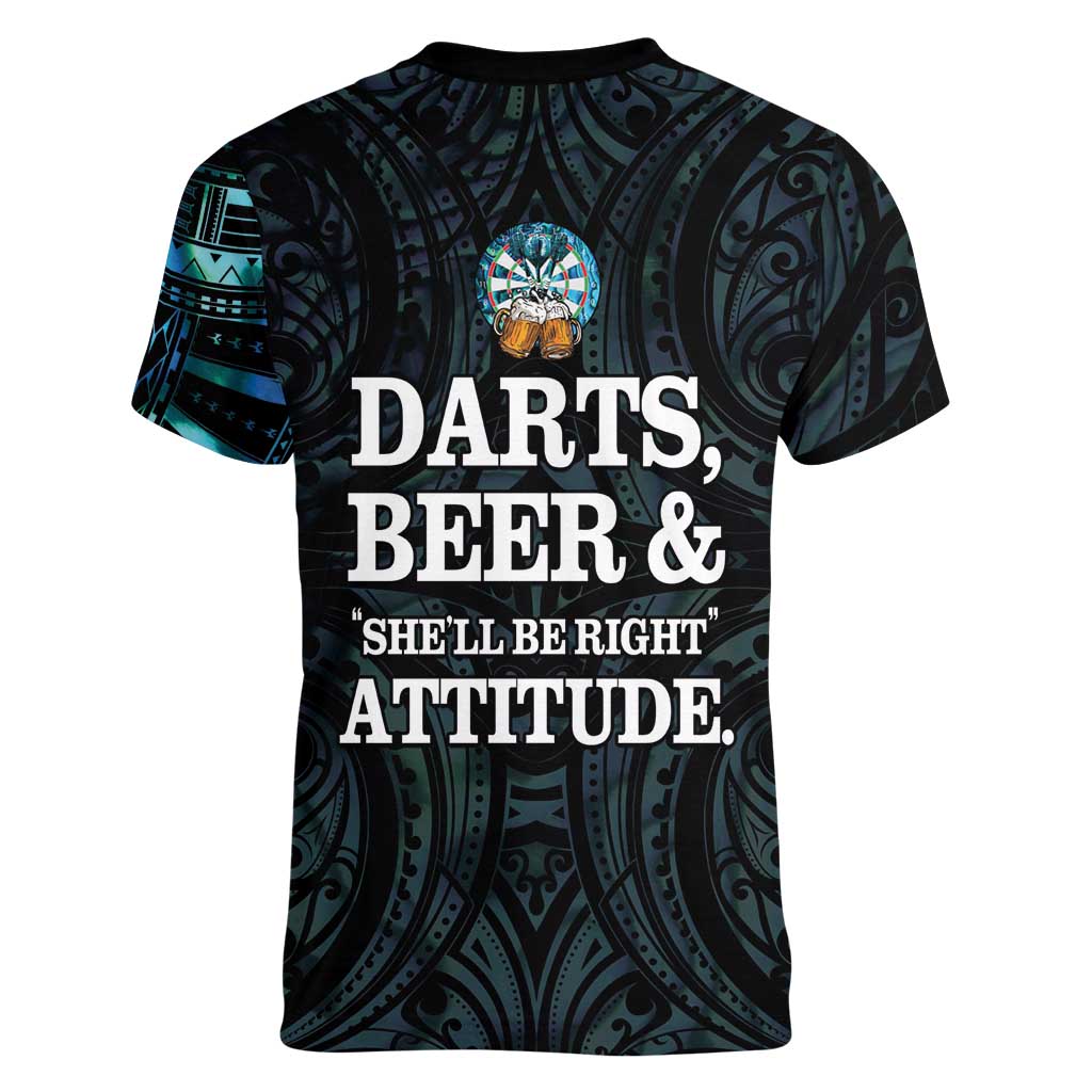 Personalized New Zealand Darts Beer Women V-Neck T-Shirt Paua Shell Aotearoa Maori Tattoo - Polynesian Pride