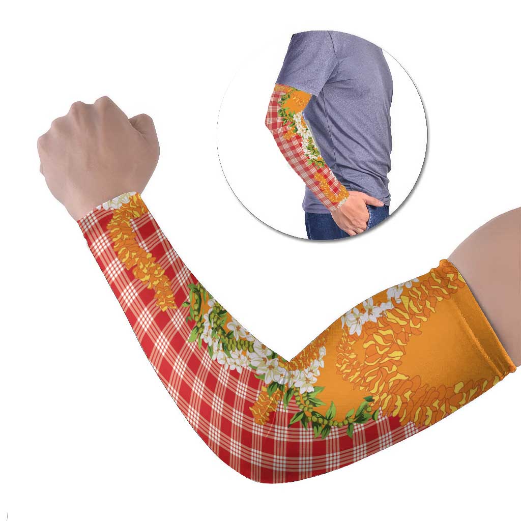 Prince Kuhio Aloha Hawaii Arm Sleeves Plumeria Ilima Lei Palaka Motifs LT14 Set of 2 Red - Polynesian Pride