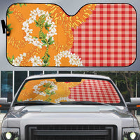 Prince Kuhio Aloha Hawaii Auto Sun Shade Plumeria Ilima Lei Palaka Motifs LT14 Red - Polynesian Pride