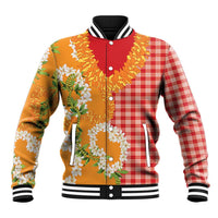 Prince Kuhio Aloha Hawaii Baseball Jacket Plumeria Ilima Lei Palaka Motifs LT14 Unisex Red - Polynesian Pride