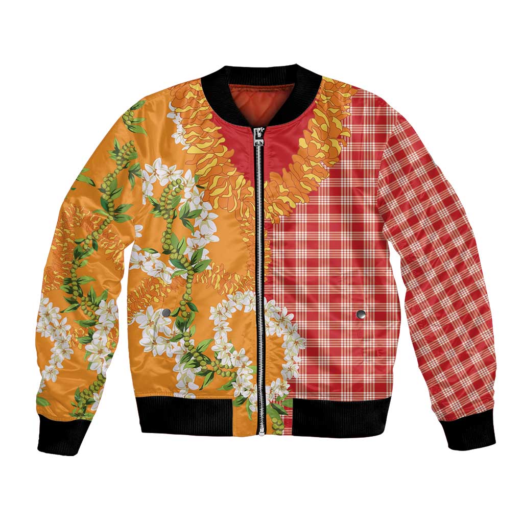 Prince Kuhio Aloha Hawaii Bomber Jacket Plumeria Ilima Lei Palaka Motifs LT14 Unisex Red - Polynesian Pride