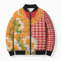 Prince Kuhio Aloha Hawaii Bomber Puffer Jacket Plumeria Ilima Lei Palaka Motifs LT14 Unisex Red - Polynesian Pride