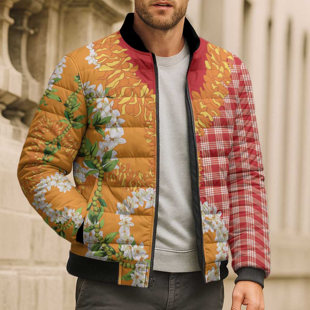 Prince Kuhio Aloha Hawaii Bomber Puffer Jacket Plumeria Ilima Lei Palaka Motifs LT14 - Polynesian Pride