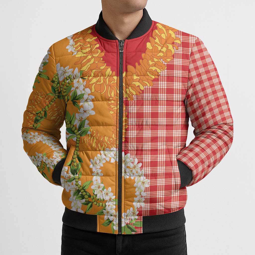 Prince Kuhio Aloha Hawaii Bomber Puffer Jacket Plumeria Ilima Lei Palaka Motifs LT14 - Polynesian Pride