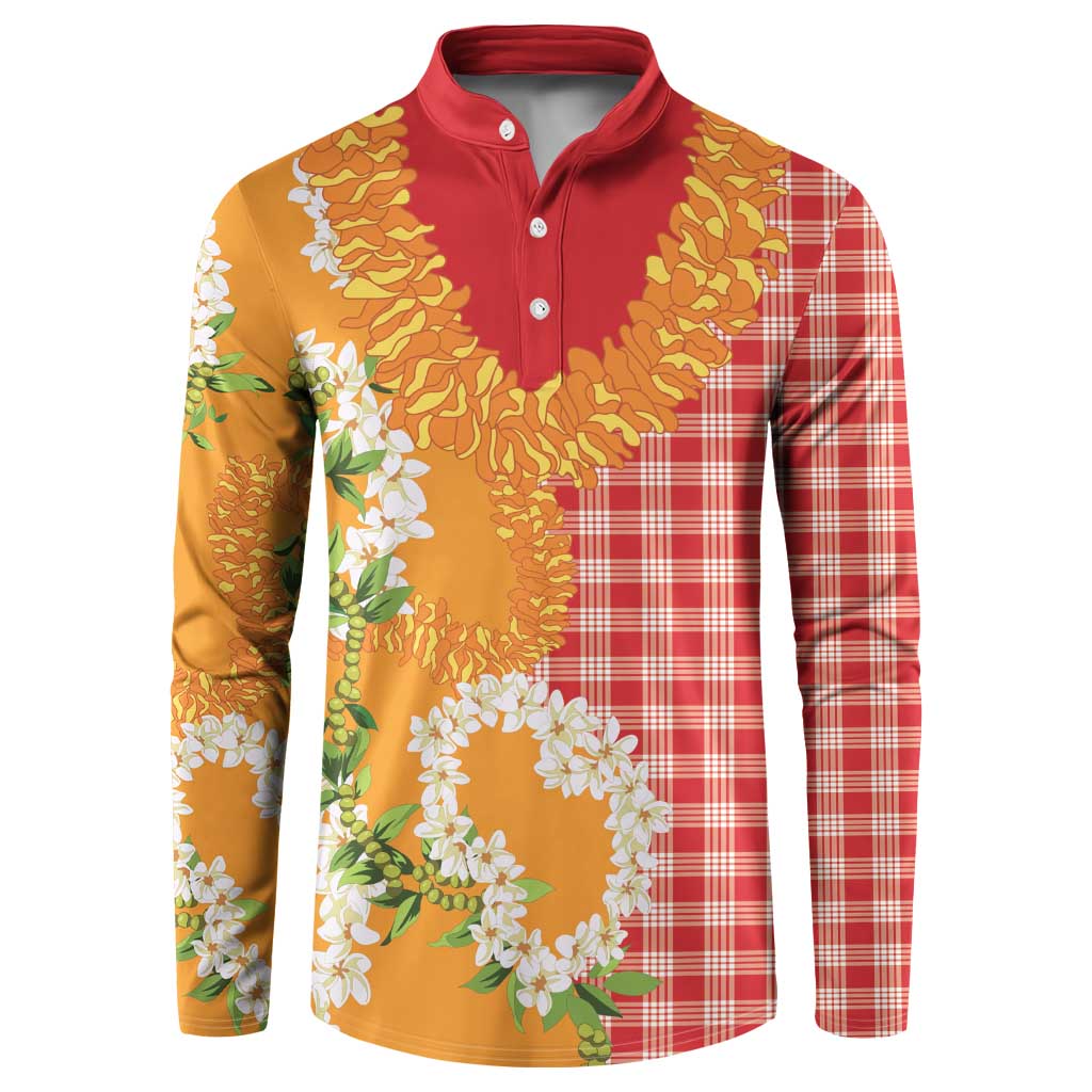 Prince Kuhio Aloha Hawaii Button Sweatshirt Plumeria Ilima Lei Palaka Motifs LT14 Red - Polynesian Pride