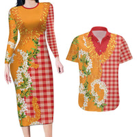 Prince Kuhio Aloha Hawaii Couples Matching Long Sleeve Bodycon Dress and Hawaiian Shirt Plumeria Ilima Lei Palaka Motifs