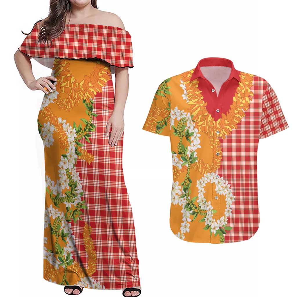 Prince Kuhio Aloha Hawaii Couples Matching Off Shoulder Maxi Dress and Hawaiian Shirt Plumeria Ilima Lei Palaka Motifs LT14 Red - Polynesian Pride