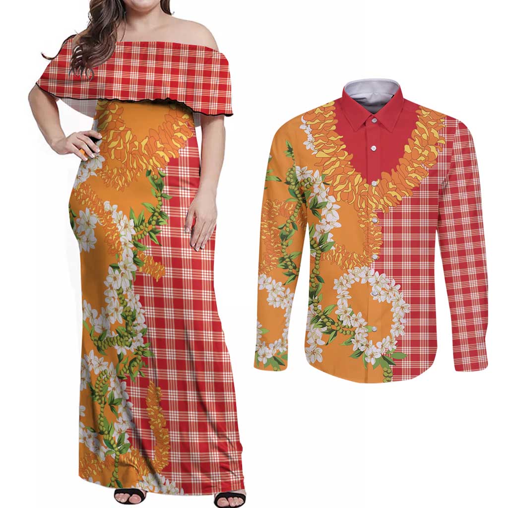Prince Kuhio Aloha Hawaii Couples Matching Off Shoulder Maxi Dress and Long Sleeve Button Shirt Plumeria Ilima Lei Palaka Motifs LT14 Red - Polynesian Pride