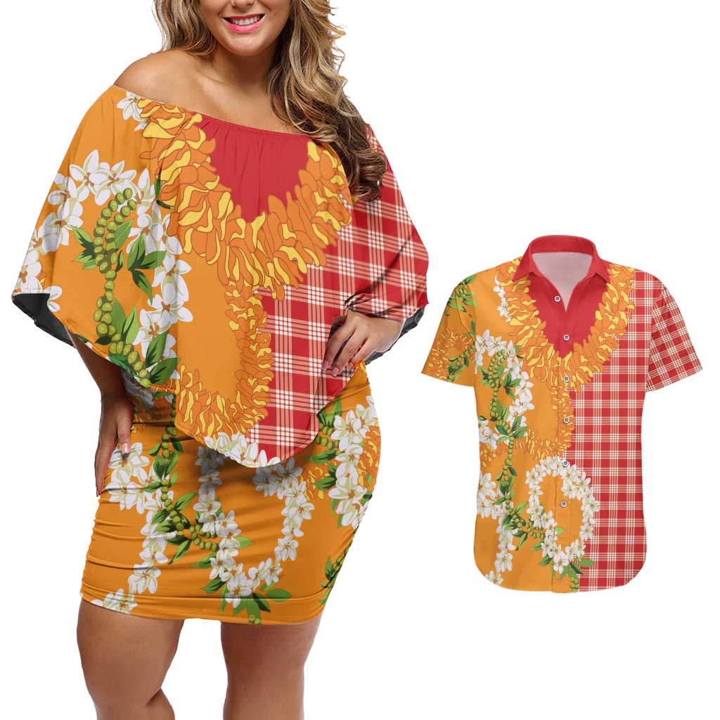Prince Kuhio Aloha Hawaii Couples Matching Off Shoulder Short Dress and Hawaiian Shirt Plumeria Ilima Lei Palaka Motifs