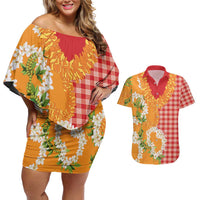Prince Kuhio Aloha Hawaii Couples Matching Off Shoulder Short Dress and Hawaiian Shirt Plumeria Ilima Lei Palaka Motifs