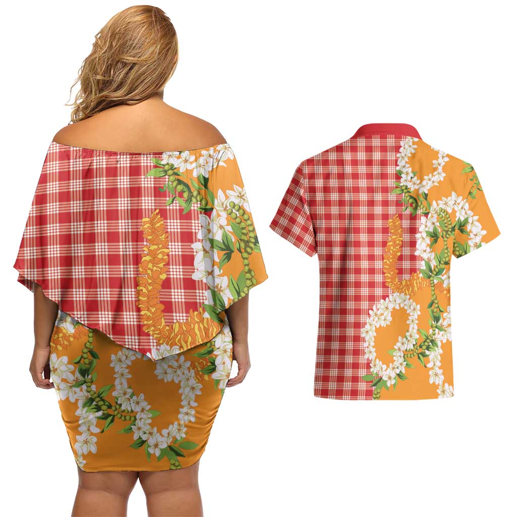 Prince Kuhio Aloha Hawaii Couples Matching Off Shoulder Short Dress and Hawaiian Shirt Plumeria Ilima Lei Palaka Motifs