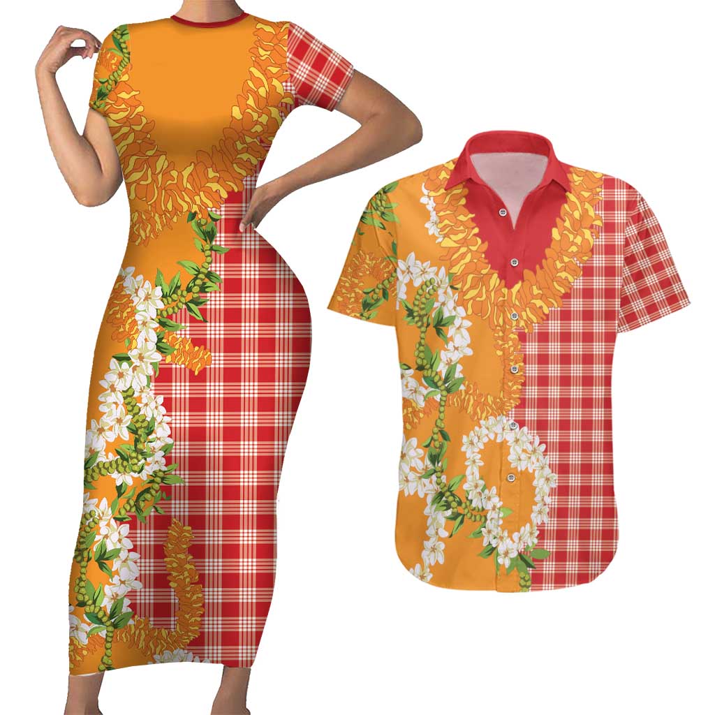 Prince Kuhio Aloha Hawaii Couples Matching Short Sleeve Bodycon Dress and Hawaiian Shirt Plumeria Ilima Lei Palaka Motifs