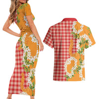 Prince Kuhio Aloha Hawaii Couples Matching Short Sleeve Bodycon Dress and Hawaiian Shirt Plumeria Ilima Lei Palaka Motifs