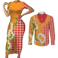 Prince Kuhio Aloha Hawaii Couples Matching Short Sleeve Bodycon Dress and Long Sleeve Button Shirt Plumeria Ilima Lei Palaka Motifs