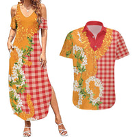 Prince Kuhio Aloha Hawaii Couples Matching Summer Maxi Dress and Hawaiian Shirt Plumeria Ilima Lei Palaka Motifs