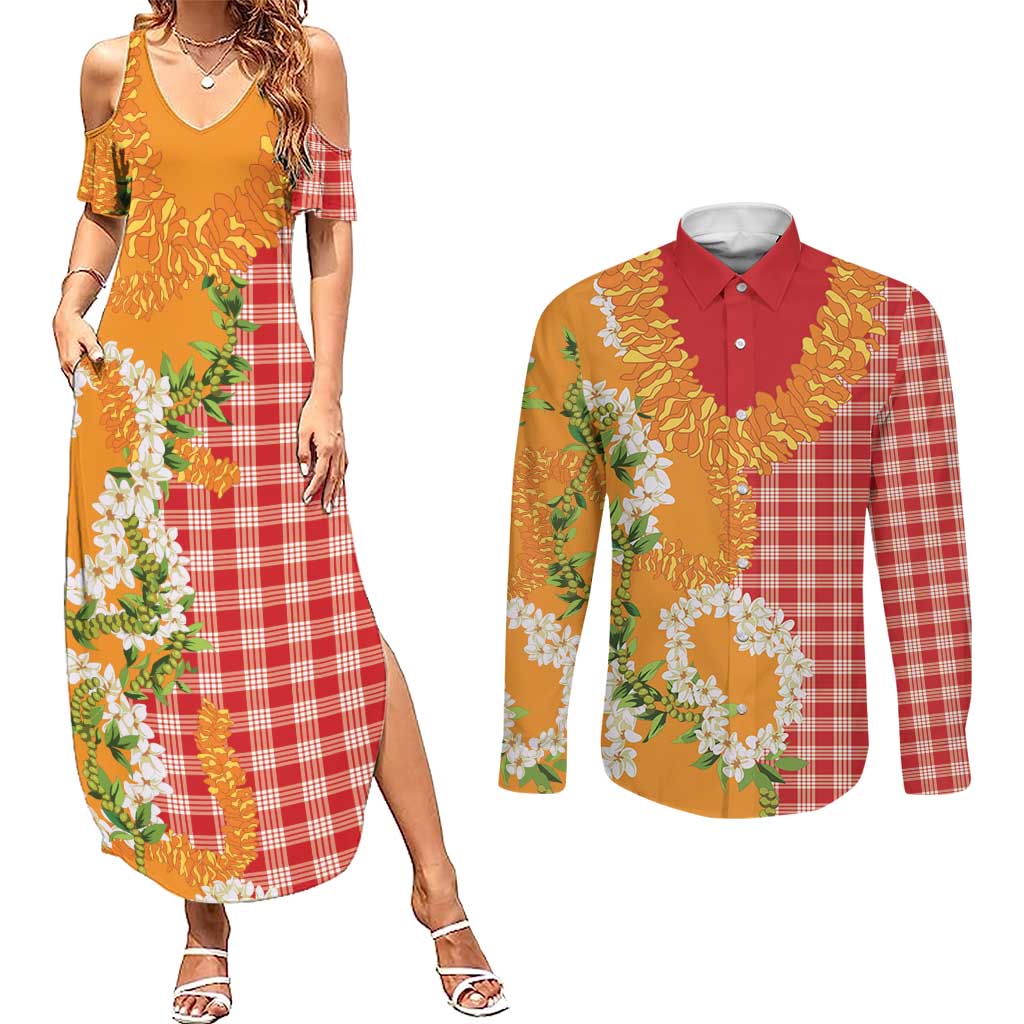 Prince Kuhio Aloha Hawaii Couples Matching Summer Maxi Dress and Long Sleeve Button Shirt Plumeria Ilima Lei Palaka Motifs LT14 Red - Polynesian Pride